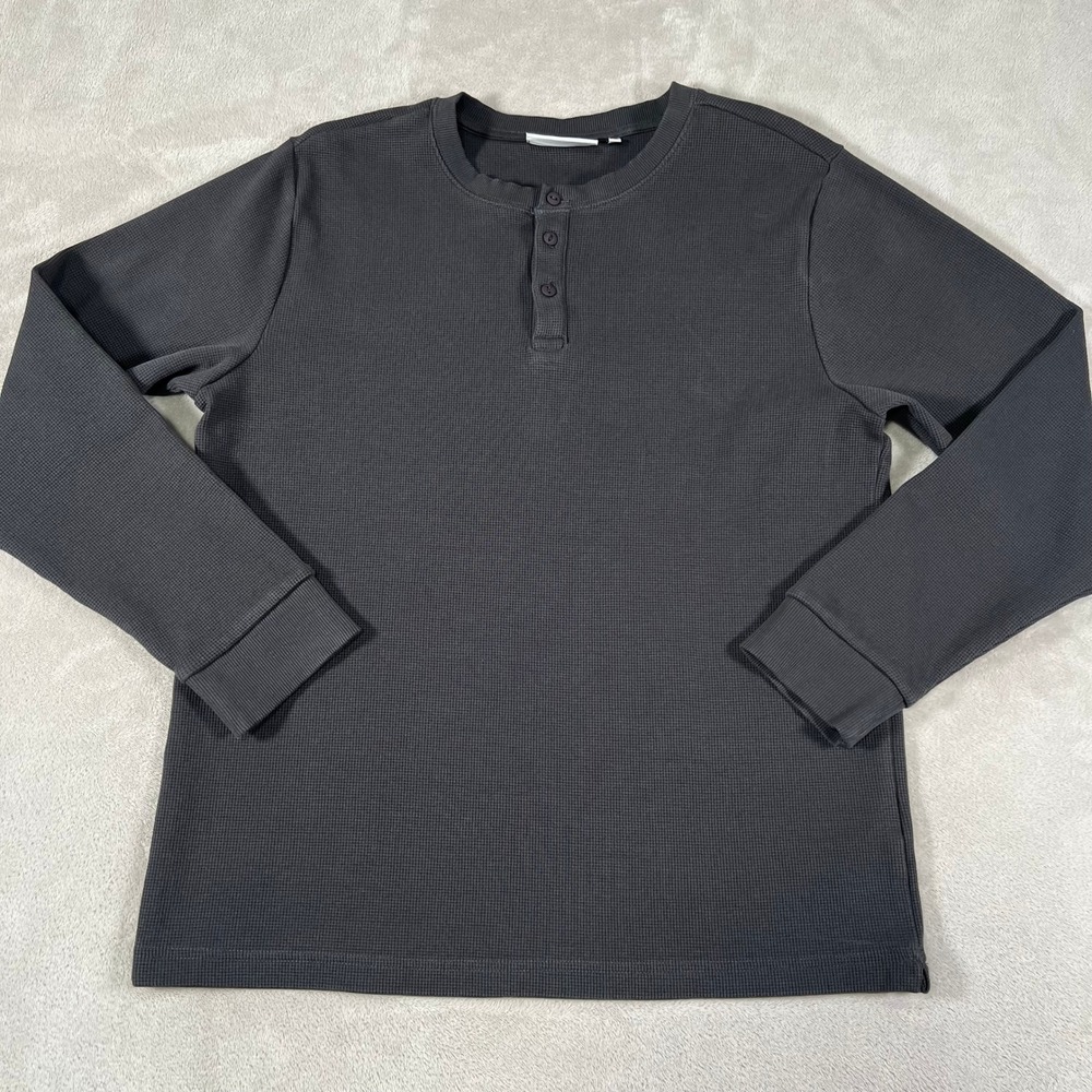 Plenum Studio Henley Shirt Men's Size Large Gray Thermal Waffle Knit Long Sleeve